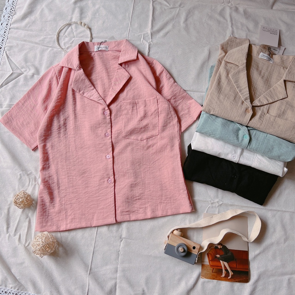 LOVI SHOP - Áo sơ mi cổ vest nữ tay lỡ đũi 5 màu trơn Áo cộc tay cổ bẻ khuy cài form rộng dáng suông Lovi