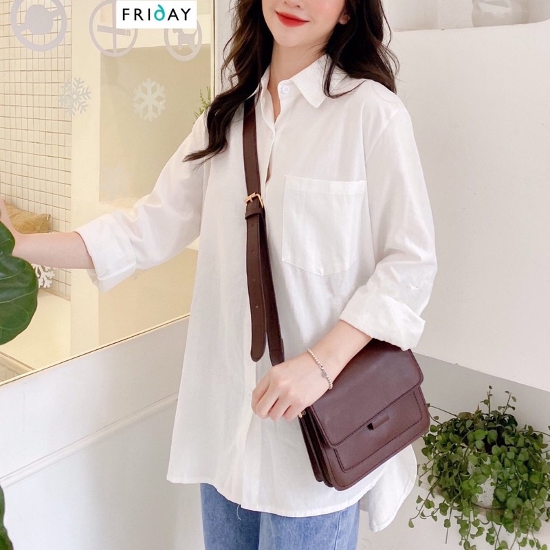Áo sơ mi nữ nam  form rộng tay dài kiểu hàn, áo sơ mi nữ trắng 1 túi basic, sơ mi unisex trẻ chung