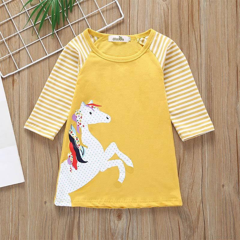 Đầm dài tay in hình hoạt hình đáng yêu cho bé gái 1-9 tuổi