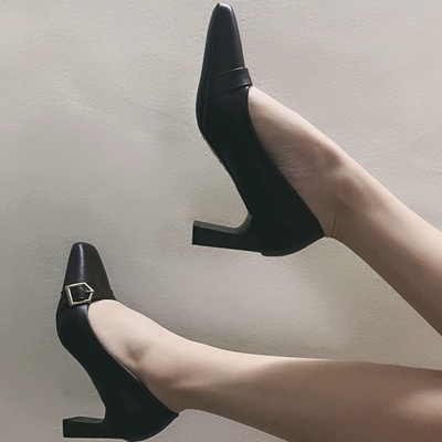 Giày cao gót Mary Jane mũi vuông loafer cao gót 7cm công sở vintage