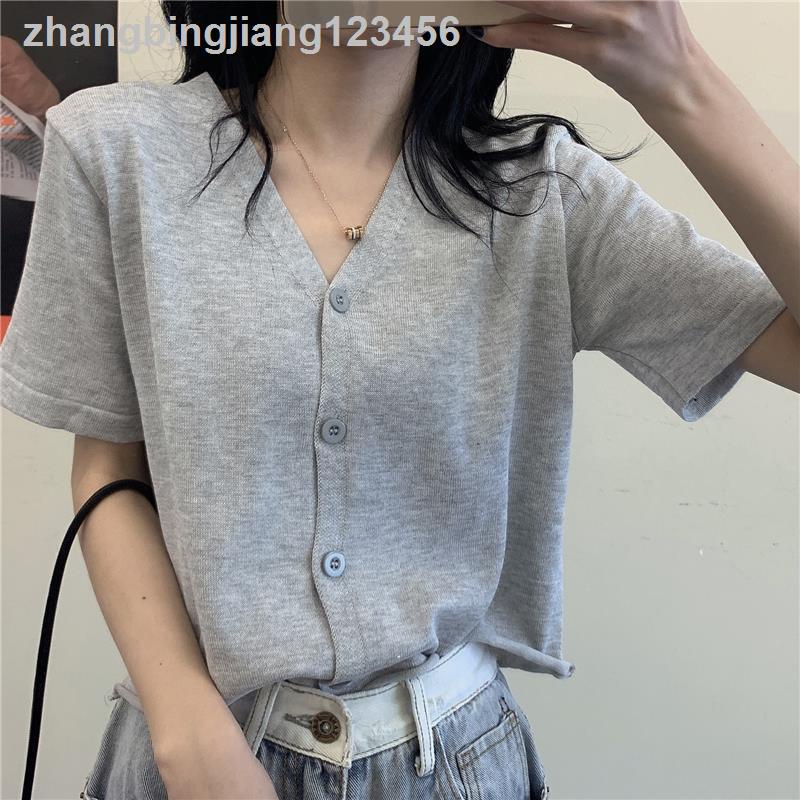 Đài Loan có thể mặc quần áo ▽✜◘Áo Cardigan ngắn tay cổ chữ V màu đen phối nút phong cách Hàn Quốc 2021