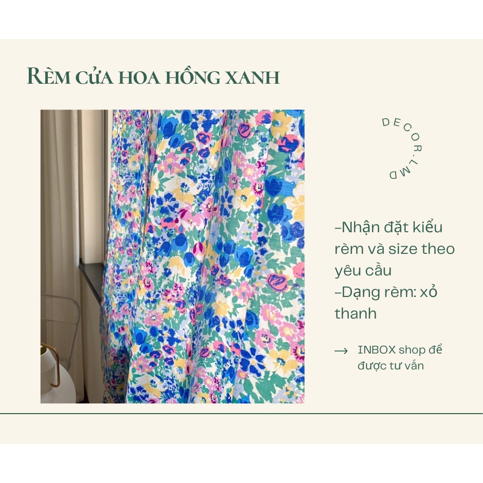 Rèm cửa hoa hồng xanh phong cách hiện đại, chống nắng cao cấp, màn vải treo tường trang trí decor phòng ngủ