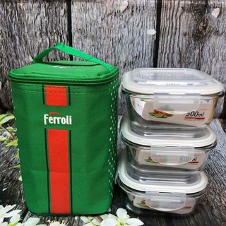 Bộ 3 thố thủy tinh Ferroli 500ml tặng kèm túi giữ nhiệt - hộp đựng thức ăn đựng cơm văn phòng