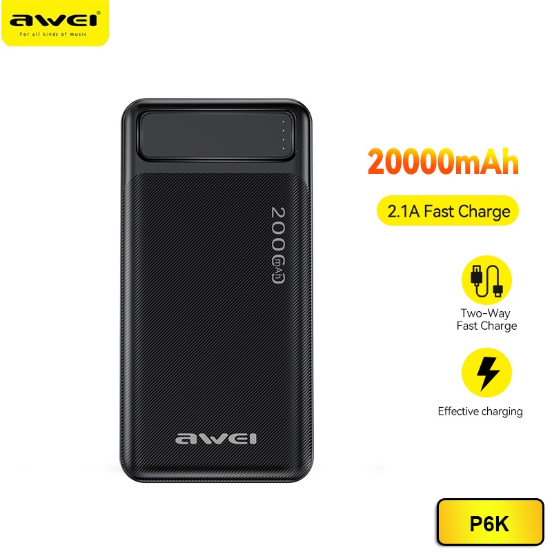 Sạc dự phòng AWEI P6K 20000mAh với hai đầu vào Type-C và Micro-USB