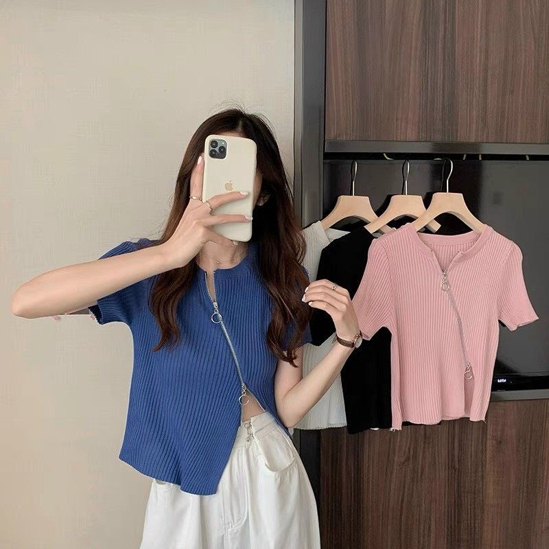 Áo Len nữ dệt kim cộc tay dây kéo chéo cổ tròn hàng QC
