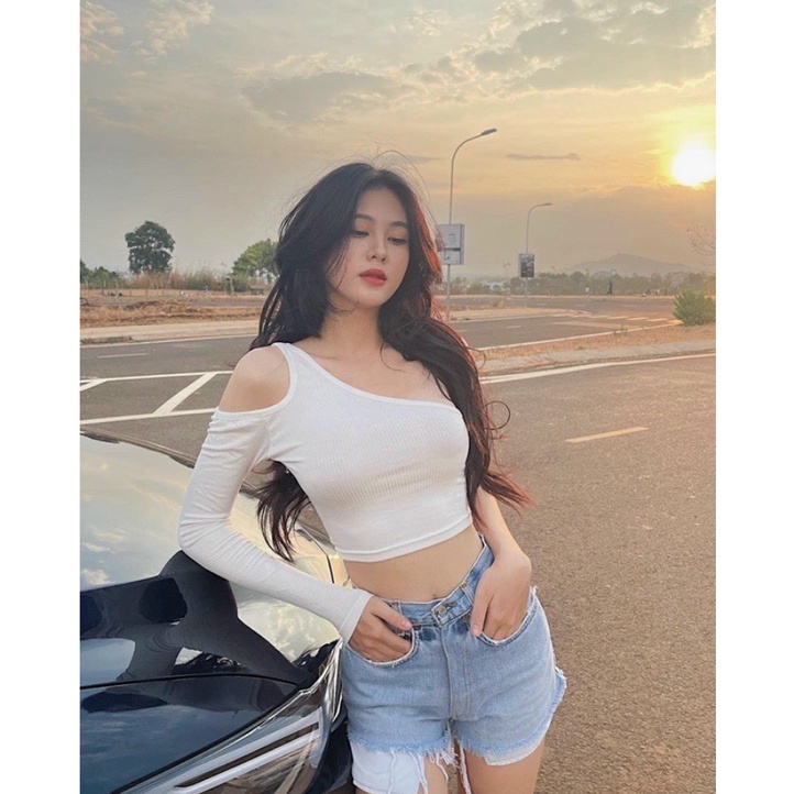 Áo croptop kiểu nữ 1 tay khoét vai lệch vai tay dài kiểu mới siêu đẹp style sexy - AK0010 | bear.story