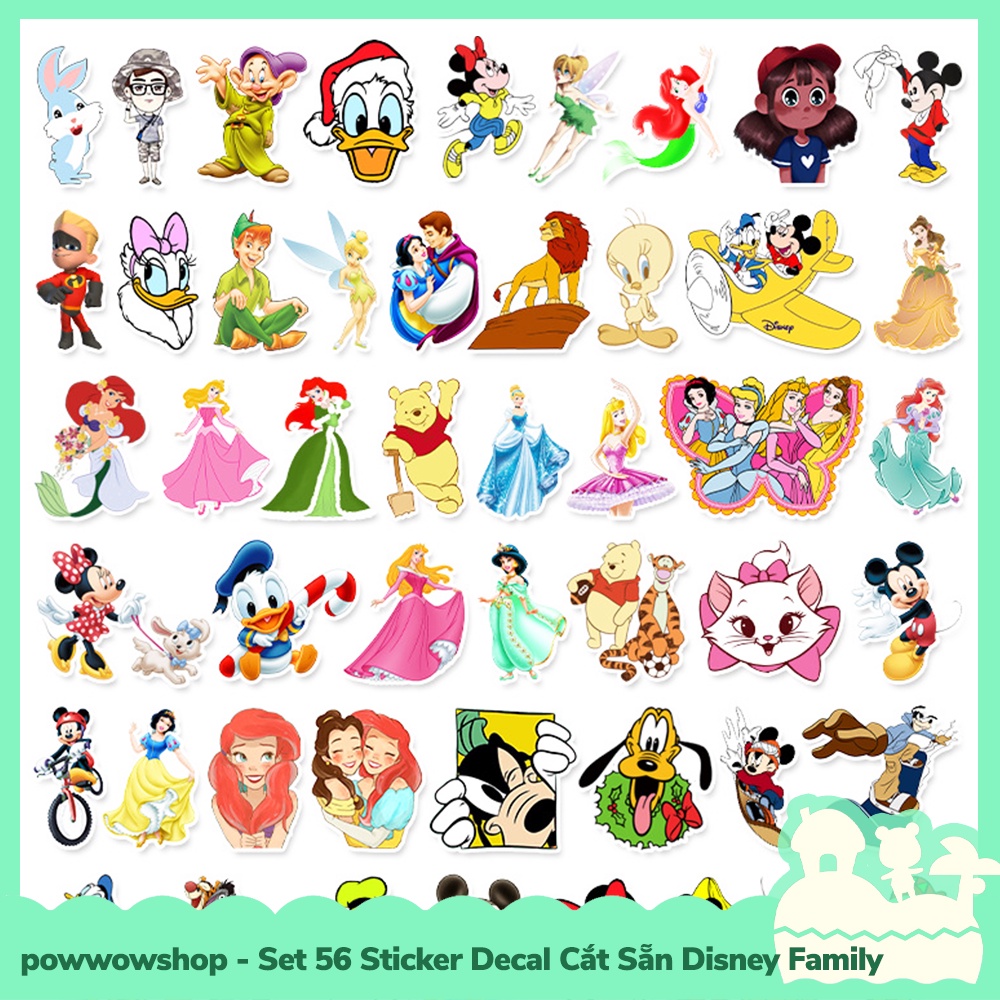 [Sẵn VN - Hỏa Tốc] Set 56 Sticker Mini Decal Dán Trang Trí Vật Dụng Mẫu Nhân Vật Hoạt Hình Disney Characters Family