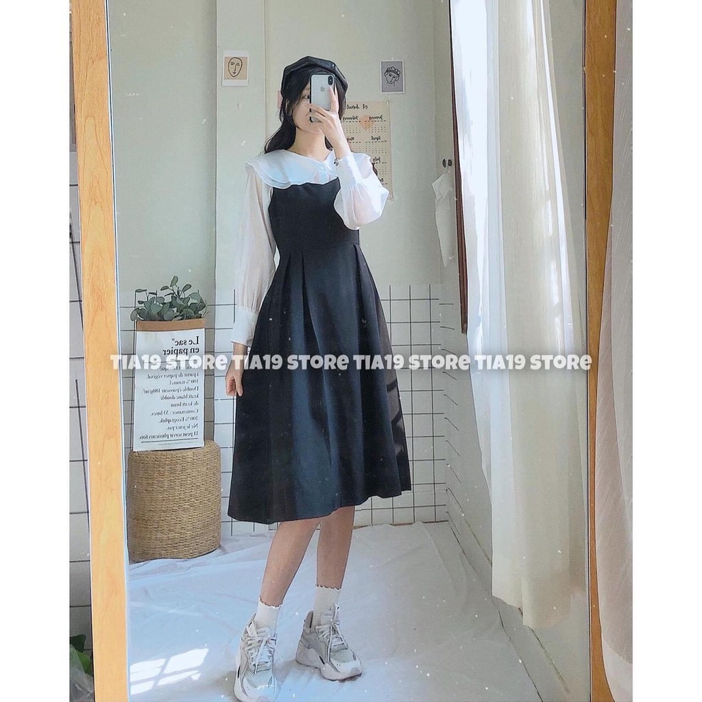 Set áo và váy yếm buộc dây   Freeship  Bộ váy yếm babydoll kèm áo sơ mi cài cúc