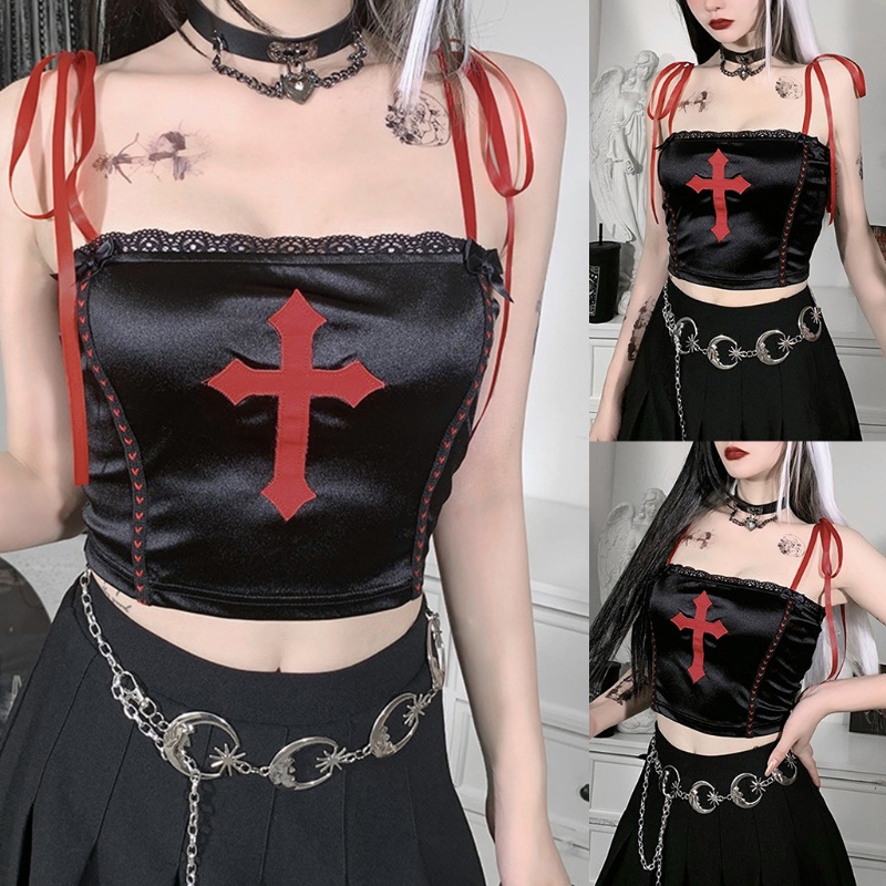 Áo Croptop Hai Dây Dáng Ôm Thêu Chữ Thập Màu Đỏ / Đen Vải Satin Phong Cách Gothic Punk Cho Nữ