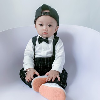 Bộ yếm nơ quần kẻ dài bé trai