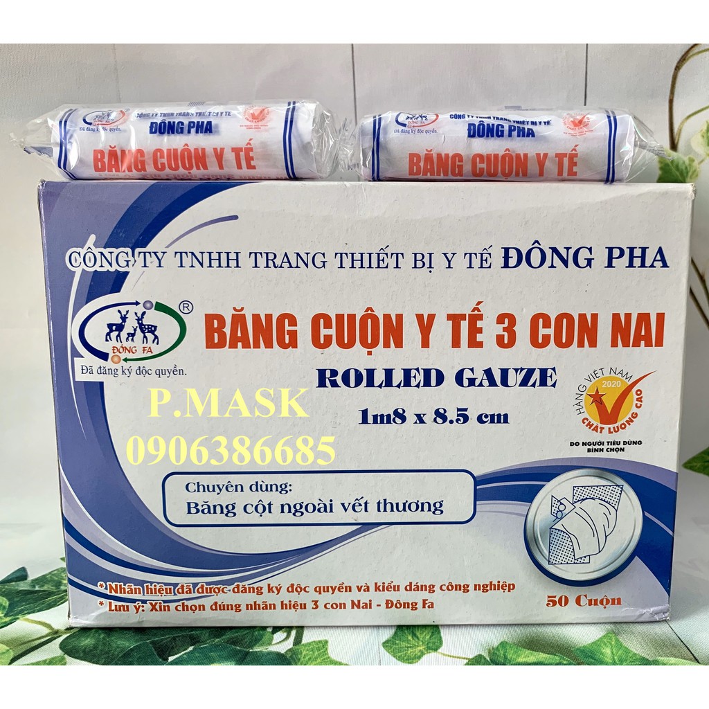 Băng cuộn y tế Đông Pha 3 con Nai chăm sóc vết thương 1 hộp 50 cuộn - Gạc cuộn y tế Đông Fa 1,8m x 0,85cm/ cuộn