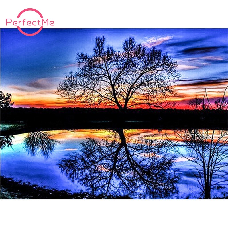 Bộ tranh đính đá DIY hình hoàng hôn 30x40cm để trang trí nhà