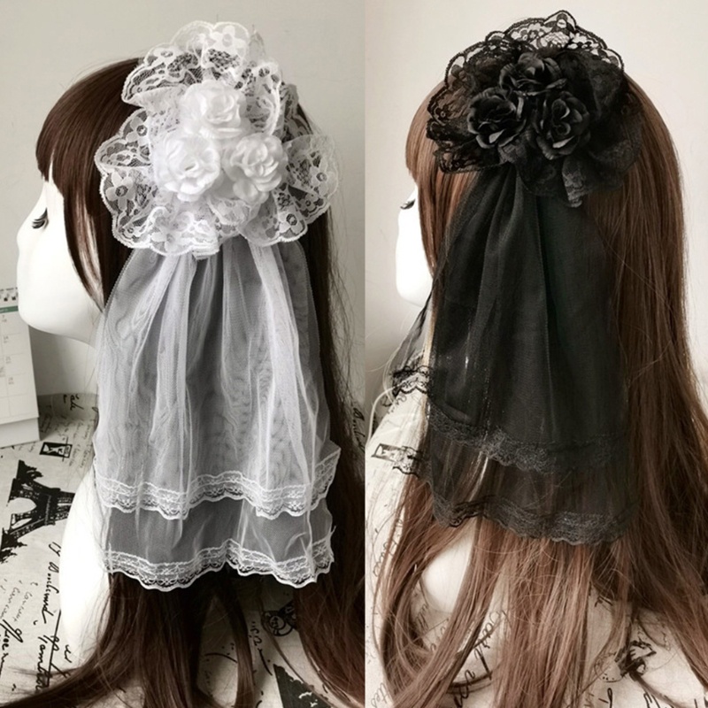Kẹp Tóc Hình Mạng Che Mặt Phối Ren Hoa Hồng Phong Cách Lolita