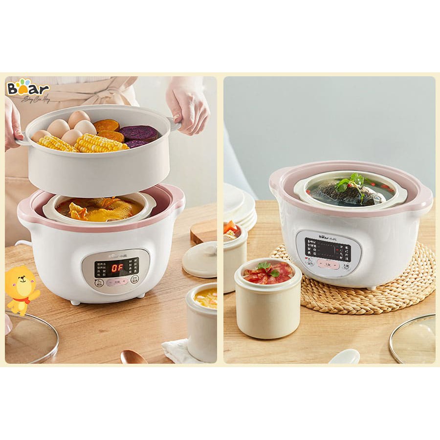 Nồi Nấu Cháo Chậm, Hầm, Ninh Cách Thủy Đa Năng Kèm Lồng Hấp Bear 1.6L