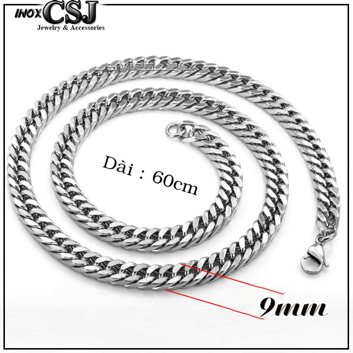 dây chuyền nam inox cao cấp kiểu lặc đôi 9mm màu trắng sáng đẹp, không đen, không gỉ, chuẩn thời trang