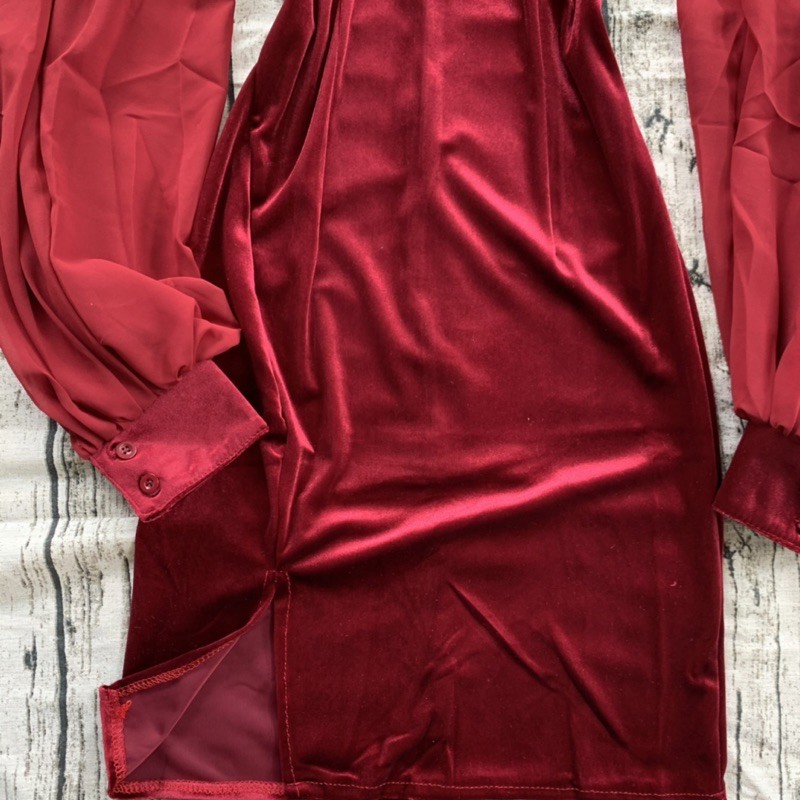 Ảnh thật-Clip thật Sườn xám nhung tay voan đỏ size SML