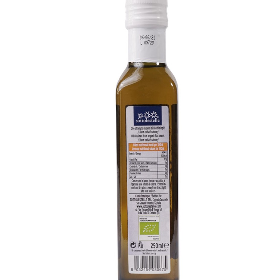 Dầu hạt lanh /Dầu Hạt Lanh Ép Lạnh Hữu Cơ 250ml Sottolestelle Organic Flax Seed Oil - Nhập khẩu Ý - OL