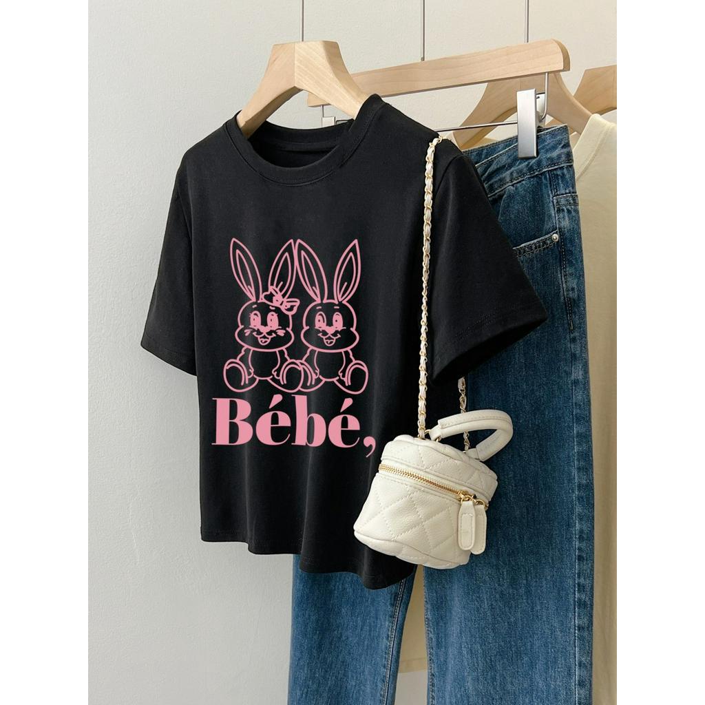 66127 Áo Thun Đen Ngắn Tay In Hoạt Hình Dễ Thương