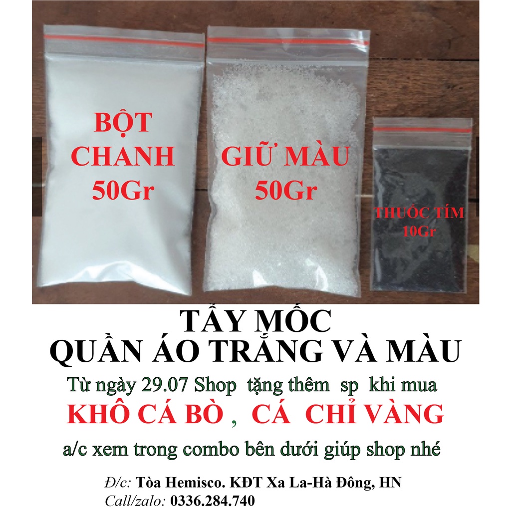 Tẩy Mốc Quần Áo Màu và Trắng Dân Gian Không Hại Da Tay, Gồm Thuốc Tím, Bột Chanh ( axit chanh ), Giữ Màu,Tẩy ố vàng, Mốc