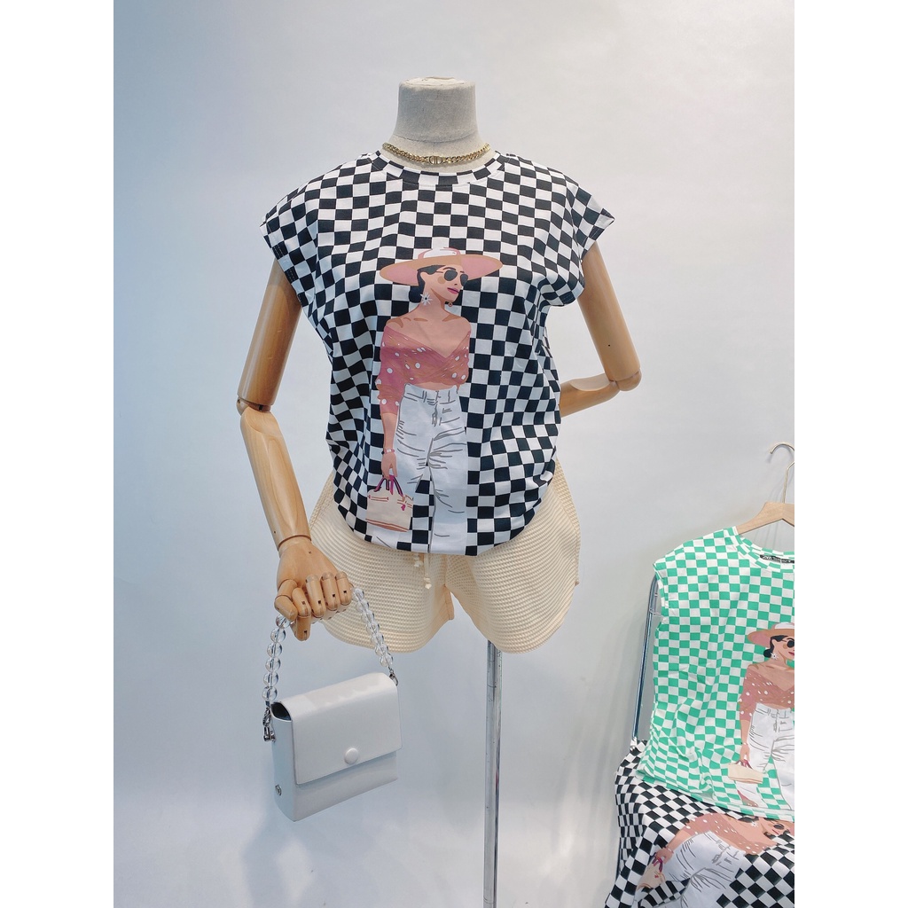Áo thun nữ kiểu trễ vai in hình Pink hat caro 2 màu đen và xanh chất cotton 100% siêu mát mịn