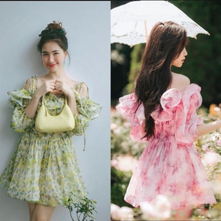 (Sẵn) Đầm babydoll xanh/hồng hoa bèo rớt vai DearJose Hòa Minzy