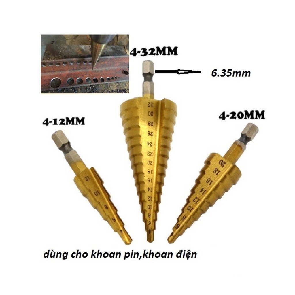 3 mũi khoan tháp, bước phủ titan siêu cứng 4-32mm (nhiều cỡ lỗ trong 1 mũi khoan)