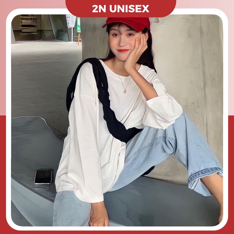 Áo thun nữ tay dài form rộng 2N Unisex phông cotton trơn màu trắng/đen/vàng/xanh lá