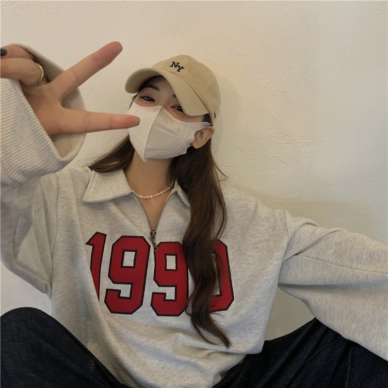 Porozi  Áo sweater tay dài cổ bẻ in họa tiết phong cách Hàn Quốc thời trang dành cho nữ