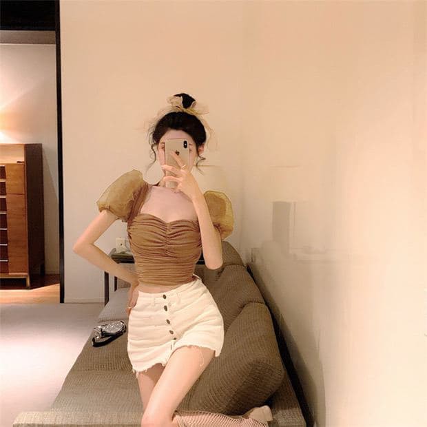 [Mã WASKT410K giảm 10K đơn 50K] Áo Croptop Lưới Tay Phồng Cúp Ngực (NUDE) | BigBuy360 - bigbuy360.vn