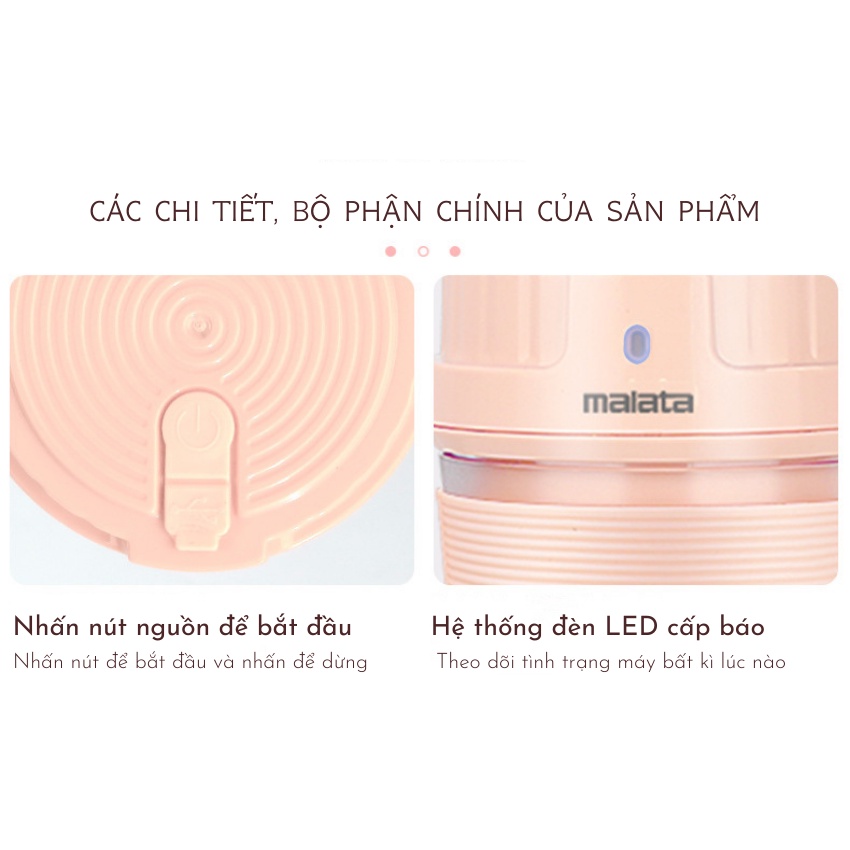 Máy Xay Sinh Tố Mini Cầm Tay Malata 220ML Lưỡi Dao Thép 4 Cánh Không Gỉ, Đa Năng Tiện Dụng, Có Sạc Pin USB Bảo Hành 12 T