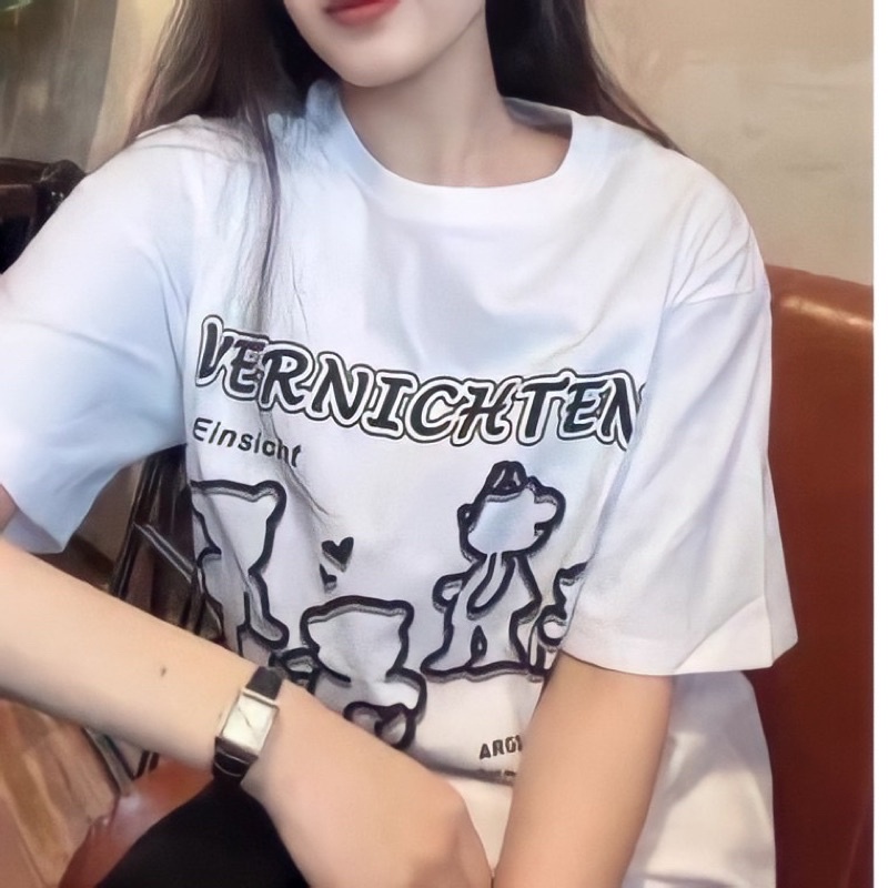 Áo phông nam nữ form rộng 2N Unisex thun cotton in Vernichten gấu trắng/hồng/đen