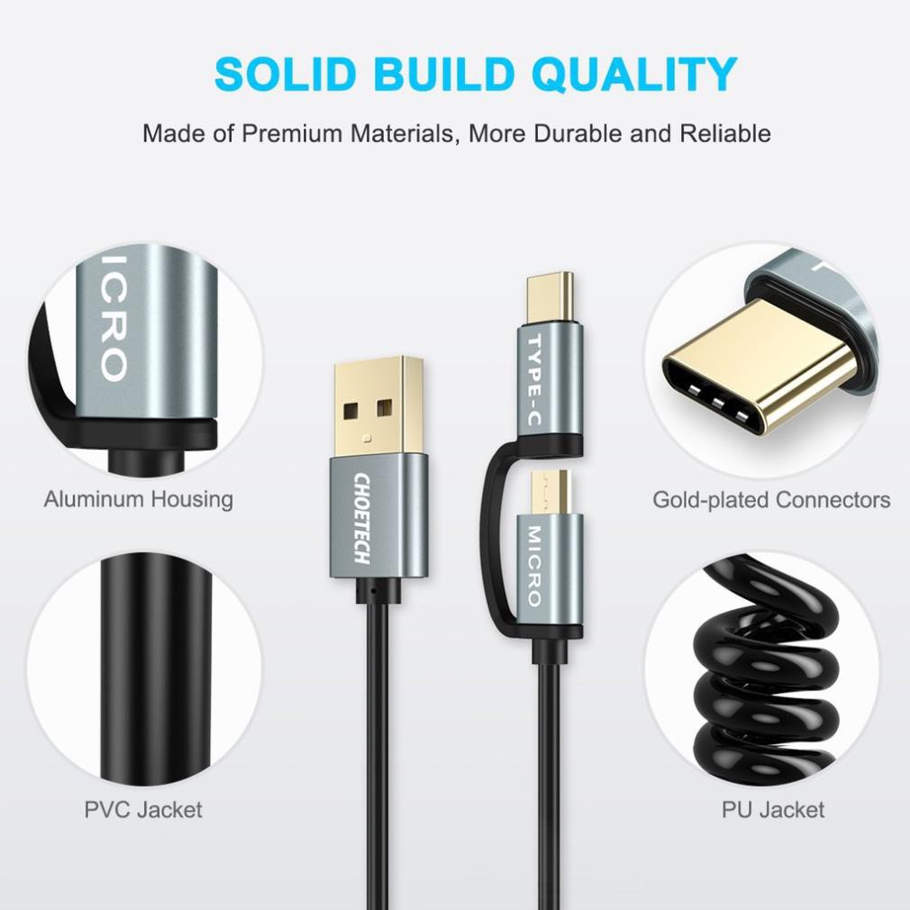 (Mua 1 tặng 1) Dây cáp sạc nhanh 2 in 1 Type-C và Micro USB dài 120CM hiệu CHOETECH MIX00021 - Hàng chính hãng