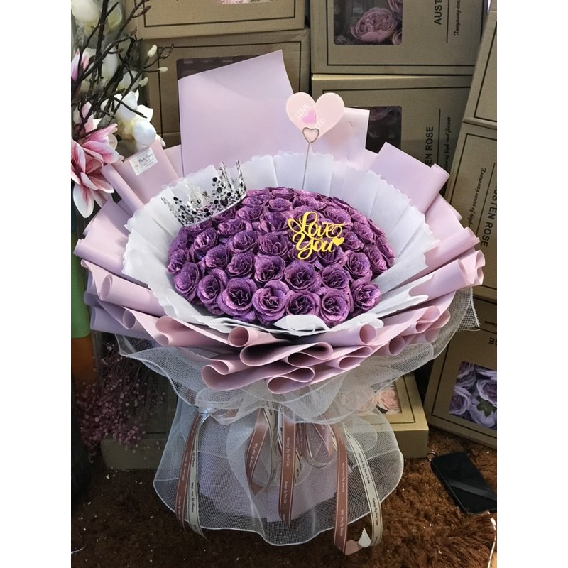 [Hoa sinh nhật - Nowship] Bó hoa nhũ 60 bông siêu to khổng lồ. Gói giấy Hàn xịn, ko nhăn gãy. Tặng thiệp. Mẫu độc quyền