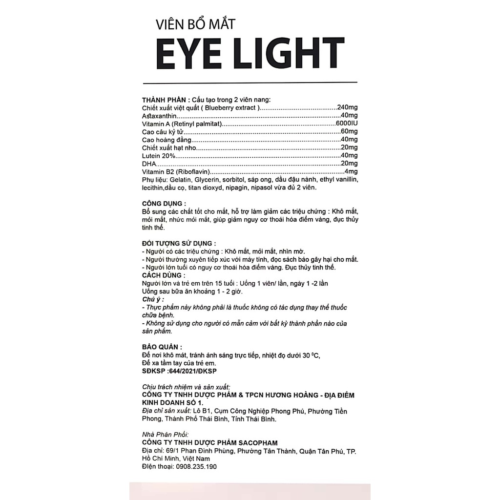 Viên uống bổ mắt Eye Light tăng cường thị lực