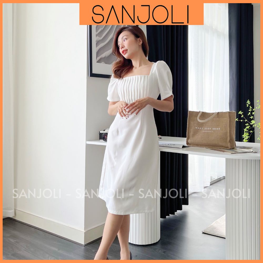 Váy Công Sở Nữ SANJOLI Đầm Dự Tiệc Thiết Kế Cổ Vuông Tay Phồng Họa Tiết Xếp Ly Phong Cách Hàn Quốc Sang Trọng VDE17