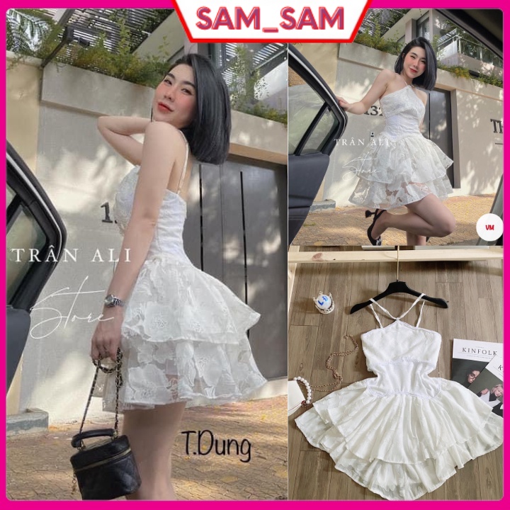 Váy cổ yếm trễ vai-Váy xếp ly bồng xòe khóa kéo sau với viền ren lượng cực xinh tại sam_sam_shop_1011