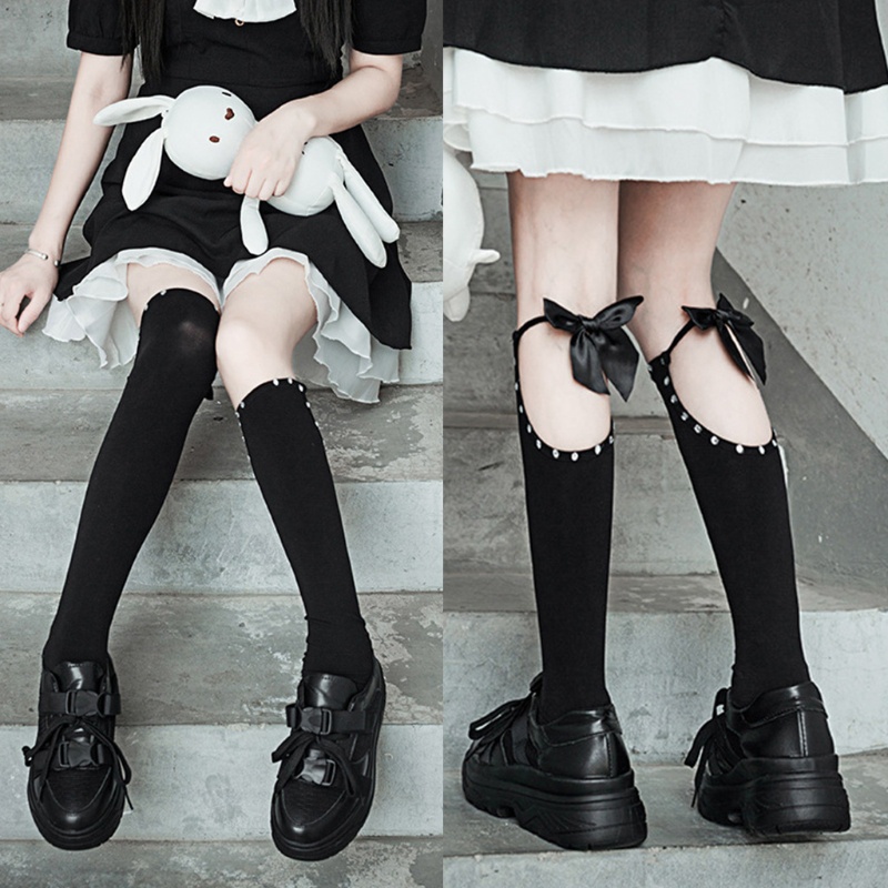 Vớ chân cao đến đầu gối in họa tiết trái tim trang trí nơ đính đá phong cách gothic punk lolita cho nữ