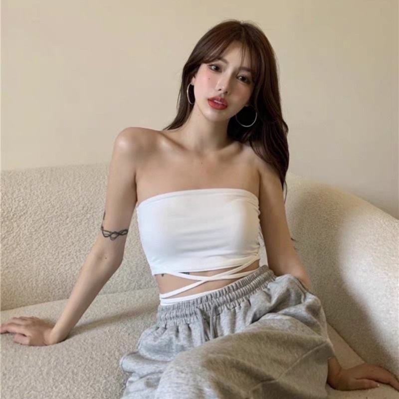 Áo ống cột dây eo ảnh thật đen trắng