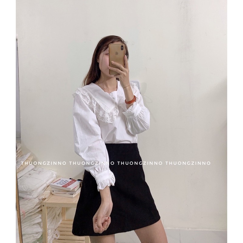 [Ảnh thật/Video] ÁO sơ mi Đính cúc bọc CỔ BÈO THÊU HOA TIỂU THƯ Áo Sơ Mi Dài Tay Phối Ren