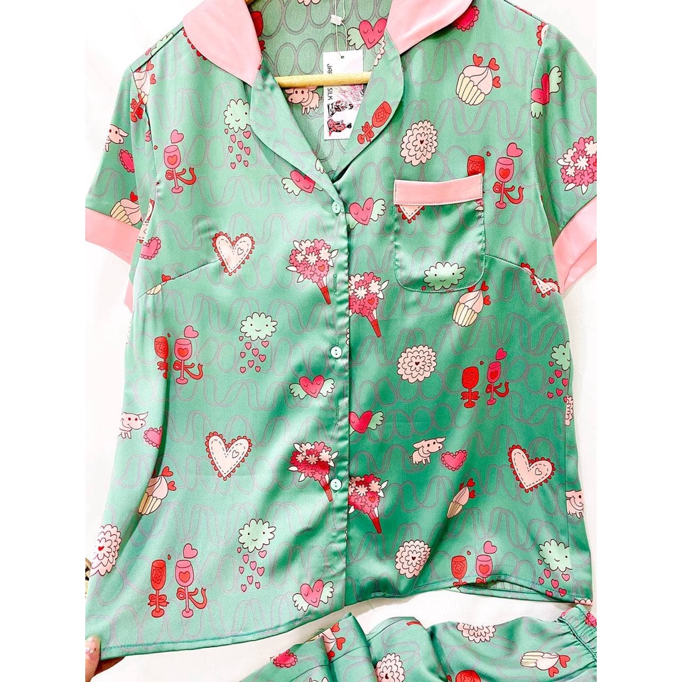 Bộ Đồ Mặc Nhà Lụa Satin Nhật JAPAN SILK Họa Tiết Sóng Xanh Lá CD014