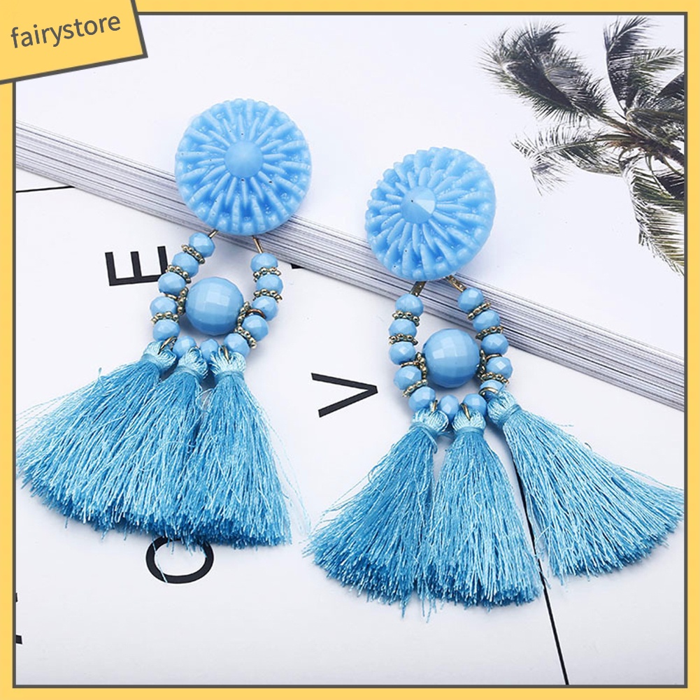 Khuyên Tai Chuỗi Đính Hạt Nhựa Phối Tua Rua Phong Cách Bohemian