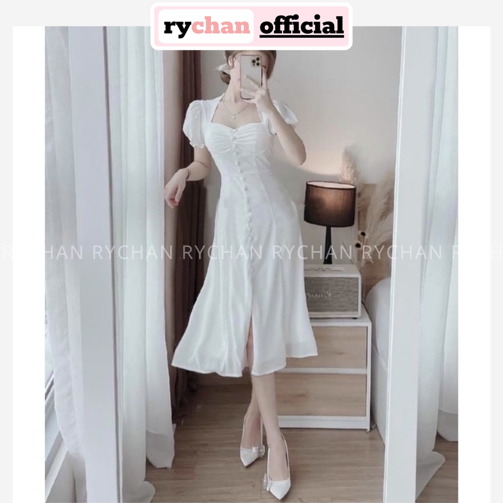 Đầm Nữ Dự Tiệc Khoe Dáng Cực Đẹp Cổ U Tay Ngắn Phồng Nút Bọc Xẻ Tà Tiểu Thư Màu Trắng [ẢNH THẬT CUỐI] - DX9830