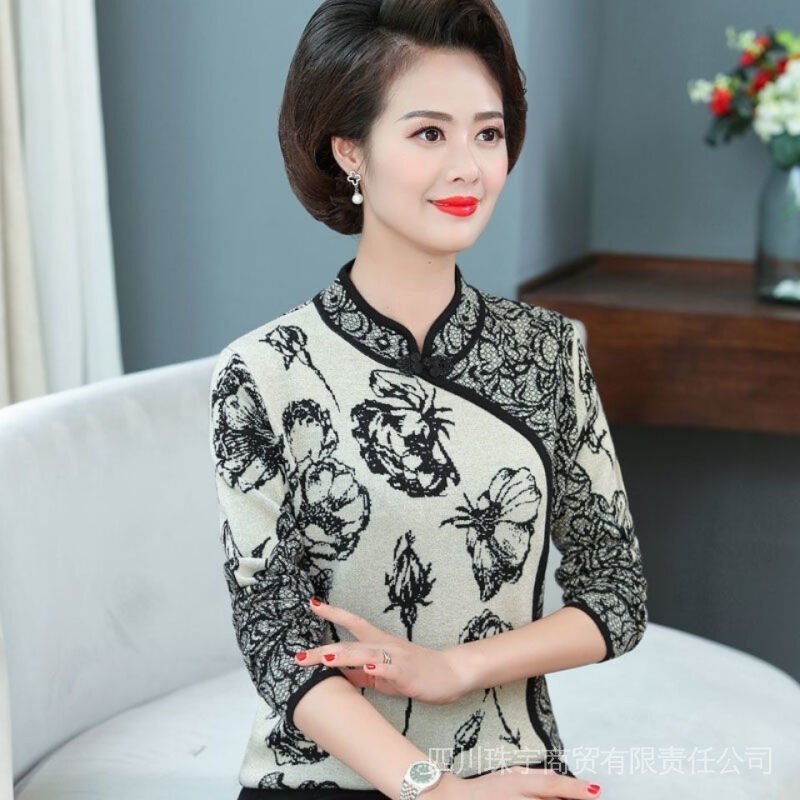 Áo Len Kiểu Sườn Xám Phong Cách Phương Tây Cho Phụ Nữ Trung Niên 50-60 Tuổi