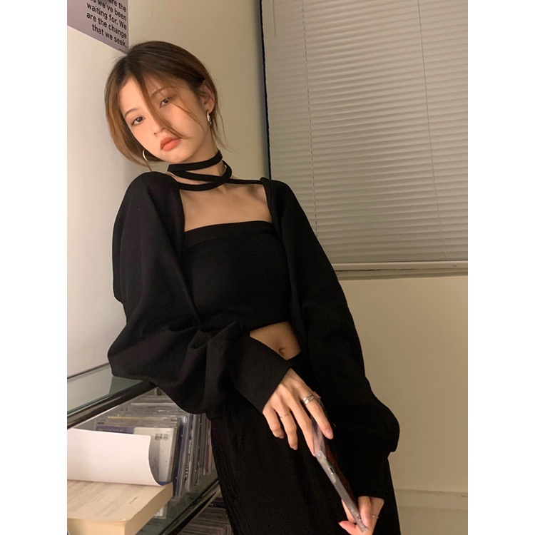 Set áo quây kèm áo len dài tay khoác ngoài croptop phong cách sexy quyến rũ