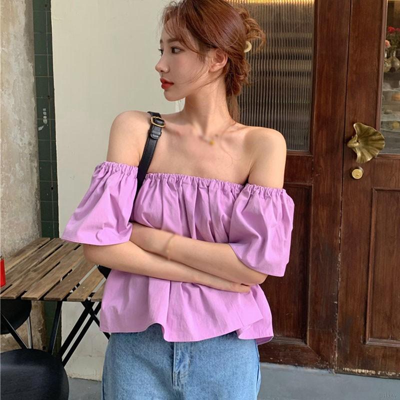 Áo kiểu tay ngắn thiết kế màu trơn theo phong cách hàn quốc