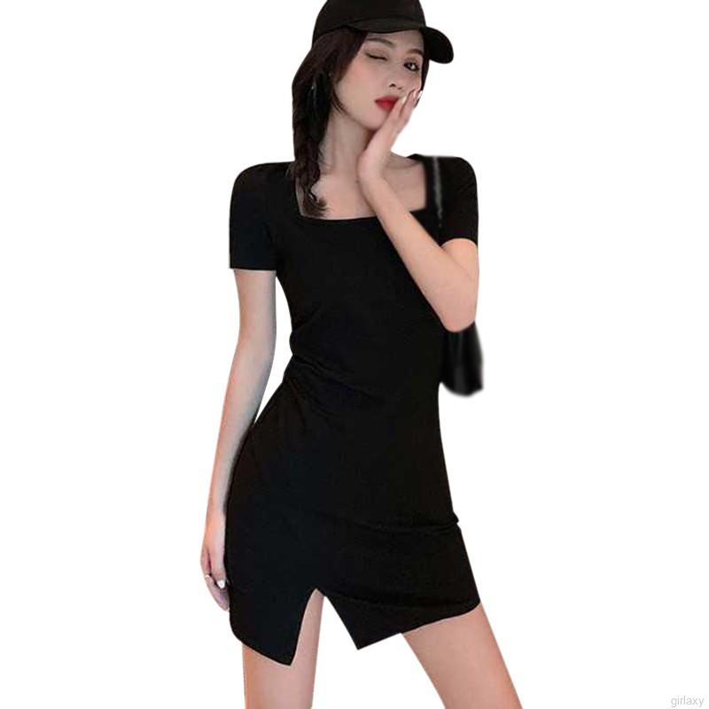 Đầm Tay Ngắn Cổ Vuông Màu Trơn Thiết Kế Xẻ Tà Phong Cách Retro Pháp