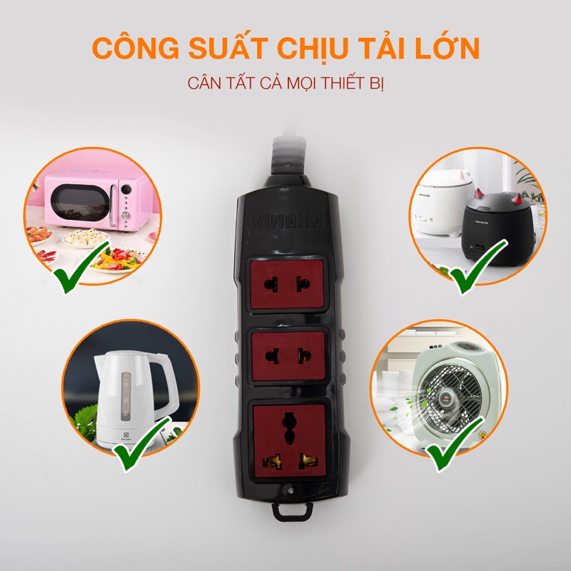 Ổ cắm điện VINAKA liền dây chịu tải 2500W cứng cáp chống vỡ T2/T4