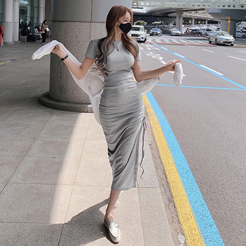Đầm nữ dáng dài xẻ một bên, đầm thun ôm body xẻ đùi có dây rút.