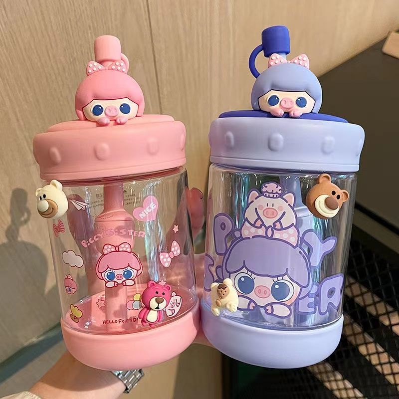 Bình Đựng Nước Bằng Nhựa Sức Chứa Lớn Thiết Kế Dễ Thương Kèm Ống Hút Tiện Dụng Cho Bé Gái