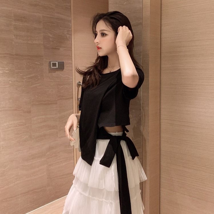 Áo tay ngắn dáng rộng phối dây buộc độc đáo phong cách Hàn Quốc thời trang cá tính cho nữ 361